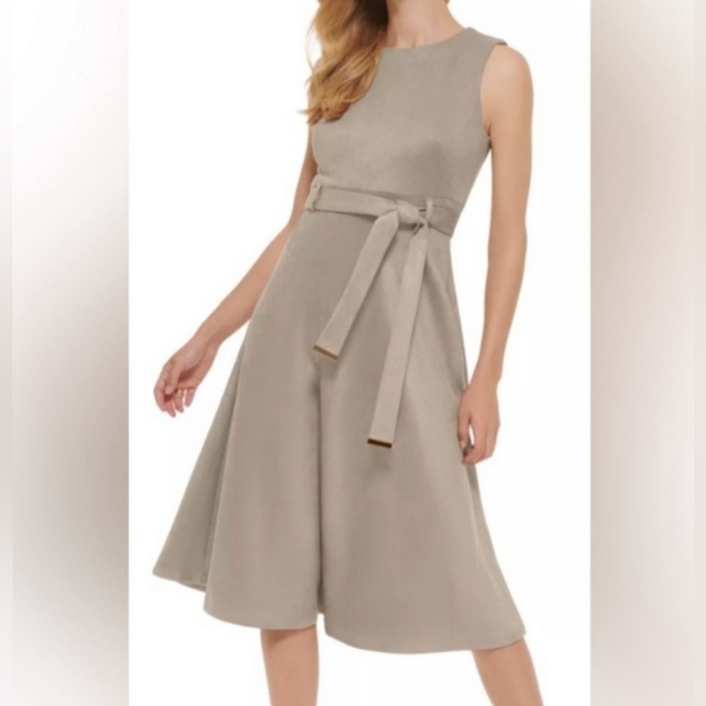 Calvin Klein camel suede midi dress with gold belt
